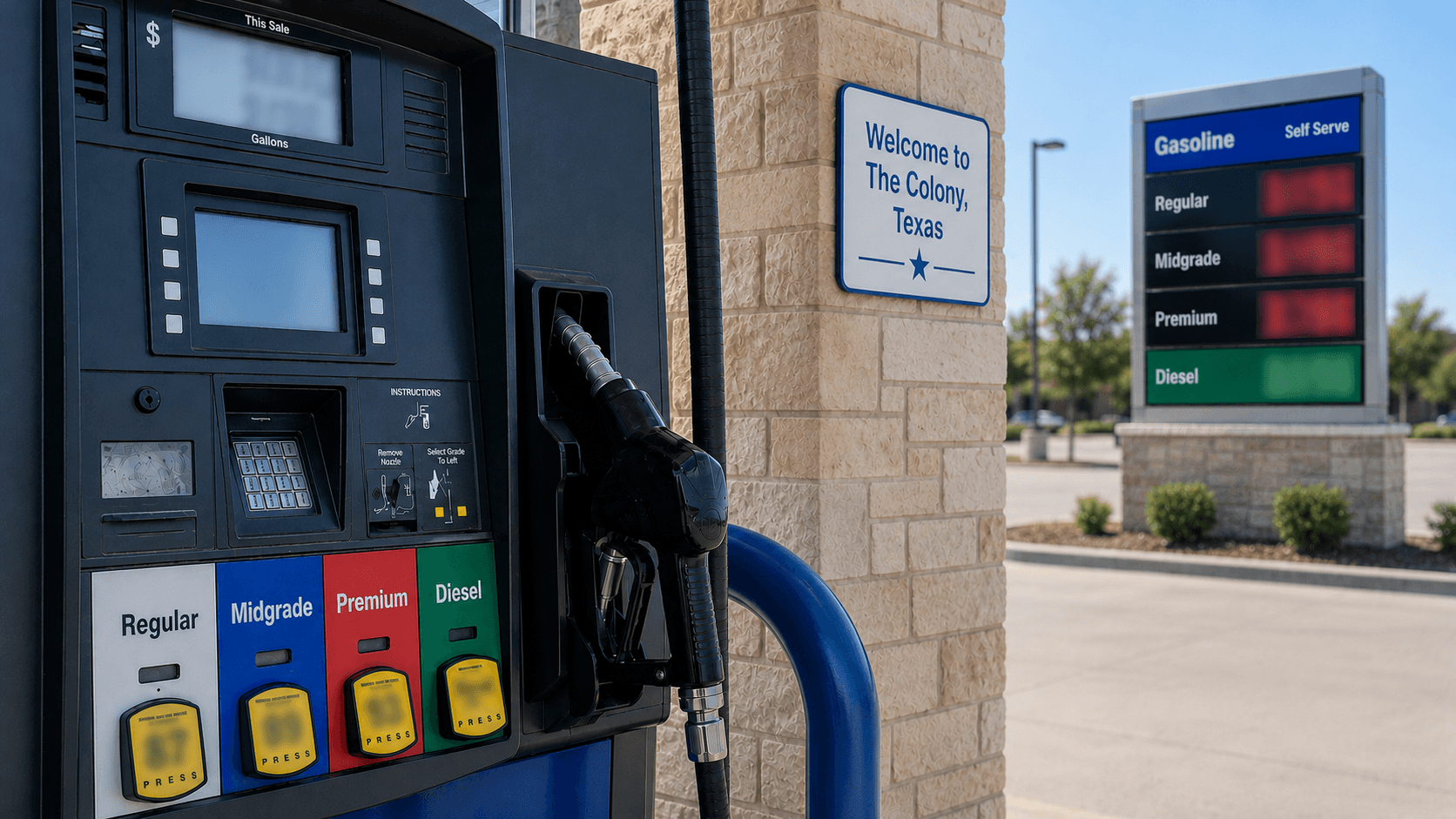Gas prices at the pump in The Colony Texas - Illustration Jake Team LLC
